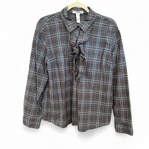 Gray Plaid Ruffle Front Blouse, XL